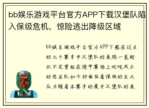 bb娱乐游戏平台官方APP下载汉堡队陷入保级危机，惊险逃出降级区域
